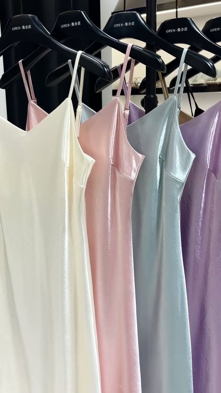 Thumbnail: Open Collection French Style Satin V-Neck Slip Dress (Q1806)