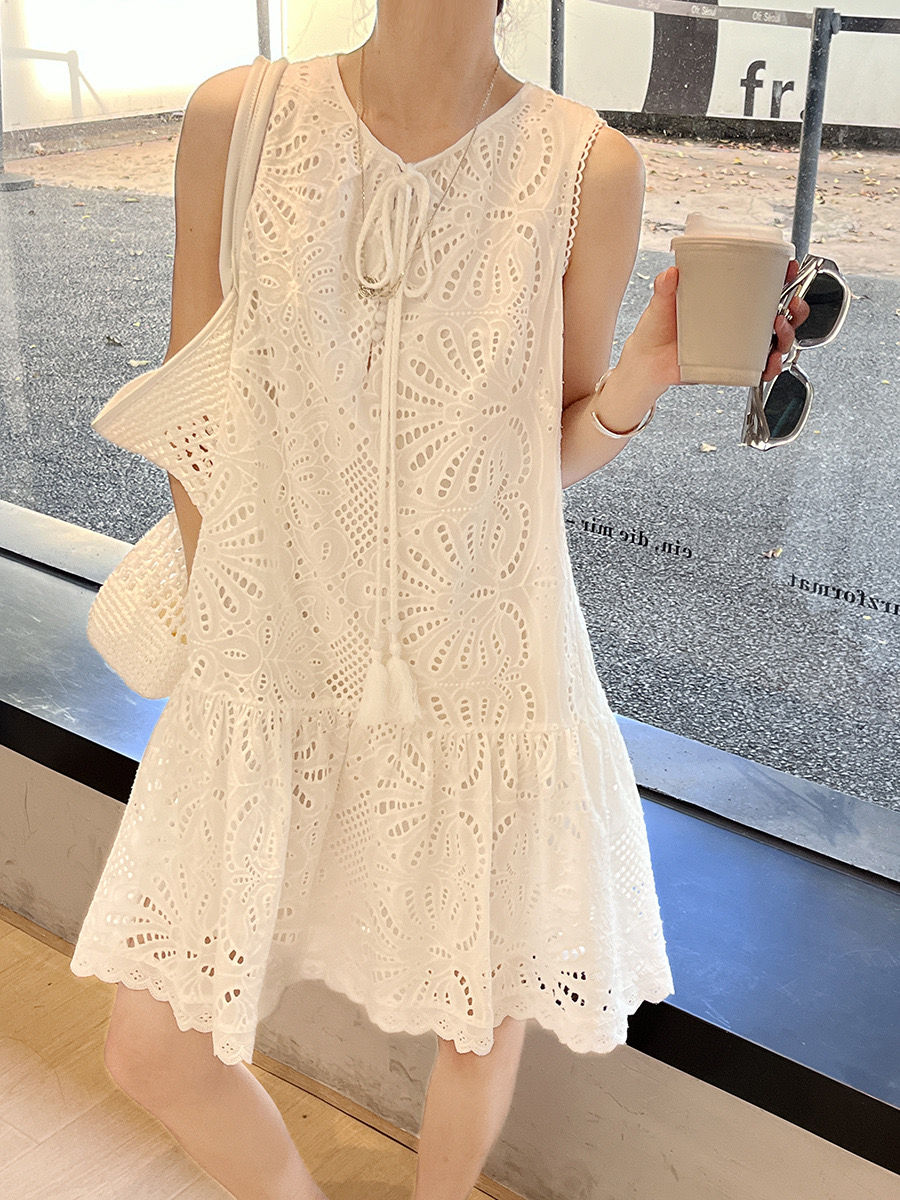 Gracetina hoo French style cotton tassel embroidery sleeveless lace dress (LYA70