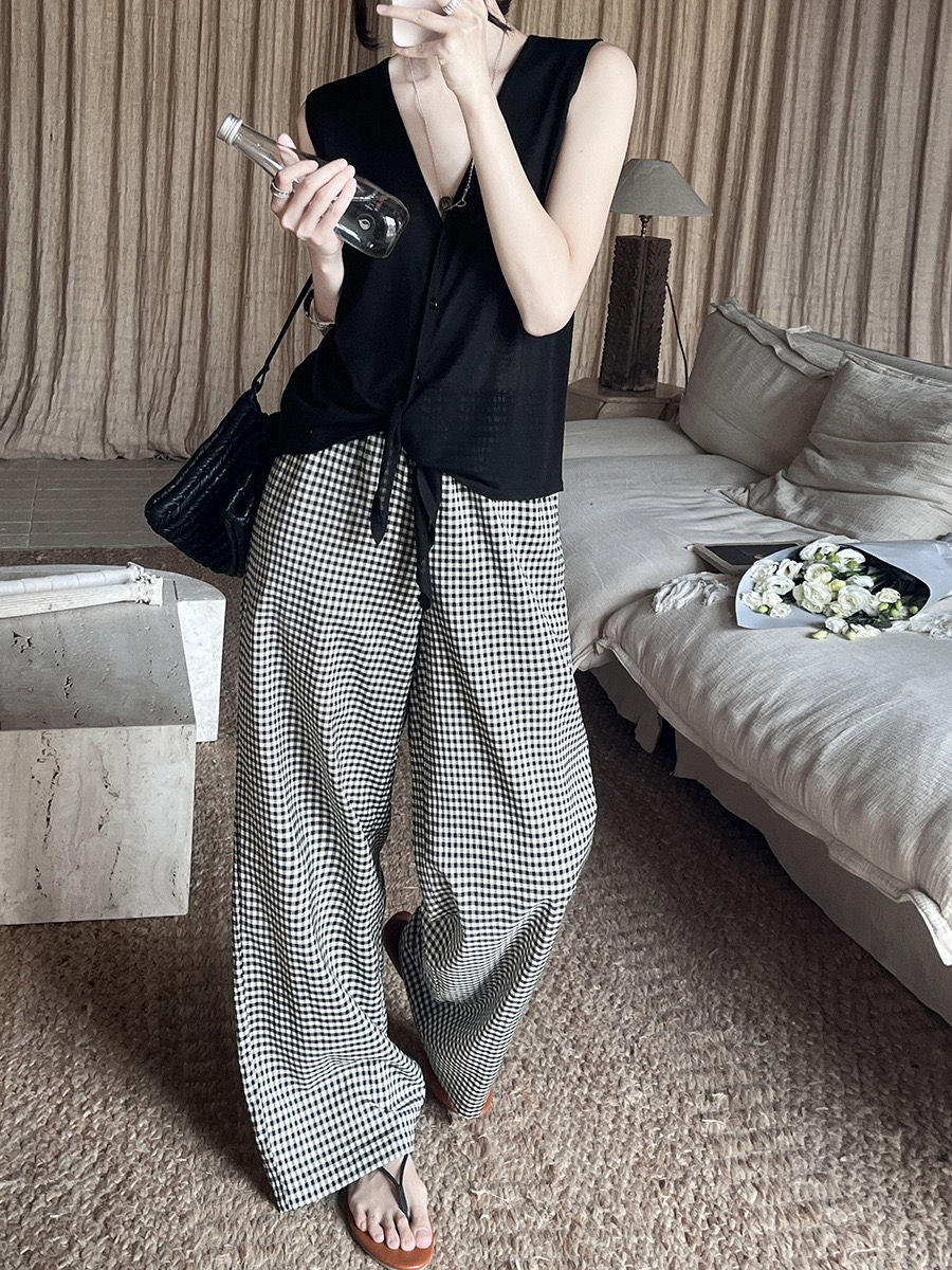 Gracetina Hoo Simple Plaid Elastic Waist Straight Wide-Leg Casual Pants (KA294)