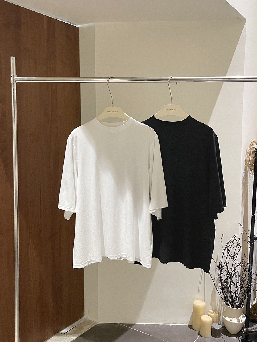 Thumbnail: Gracetina Hoo Minimalist Design Short Sleeve T-Shirt with Lace Back (TB4113)