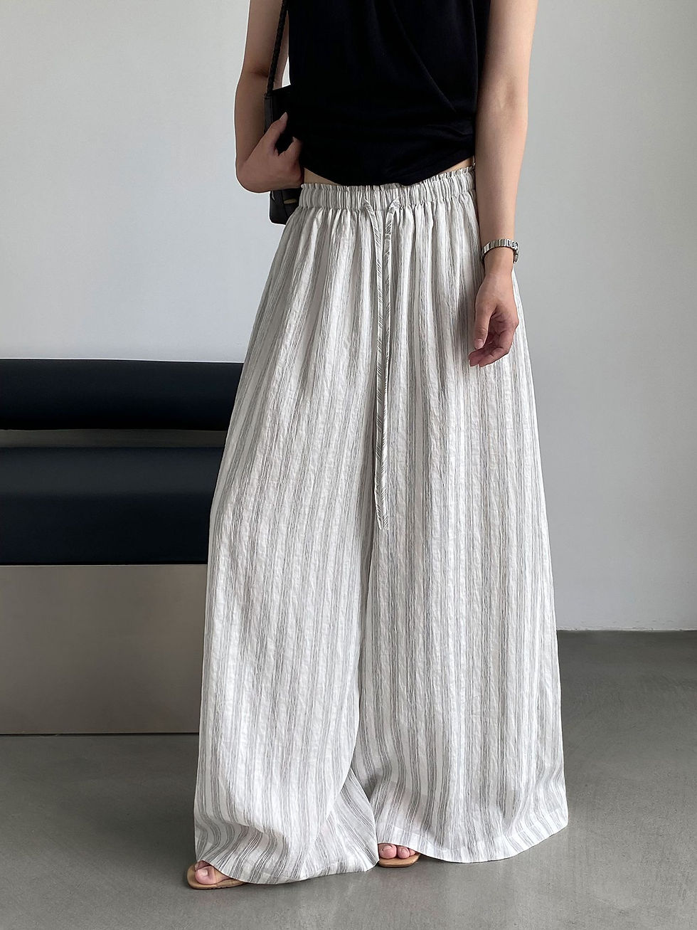 Thumbnail: Jiangzuo Tencel Linen Stripe Wide Leg Pants (1939)