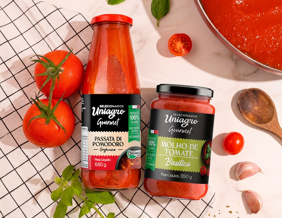 Garrafa de Passata di Pomodoro Orgânico (680g) e pote de Molho de Tomate Basílico (350g) da marca Selecionados Uniagro Gourmet, cercados por tomates frescos, alho e folhas de manjericão sobre fundo claro.
