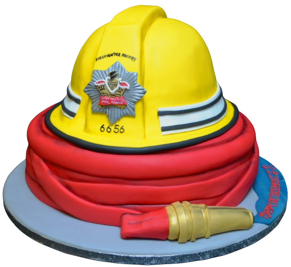 A creatively designed fireman helmet and hose cake, perfect for a firefighter-themed celebration. Ideal for birthdays, parties, and events.