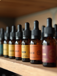 A row of amber dropper bottles, likely containing essential oils or plant tinctures.
