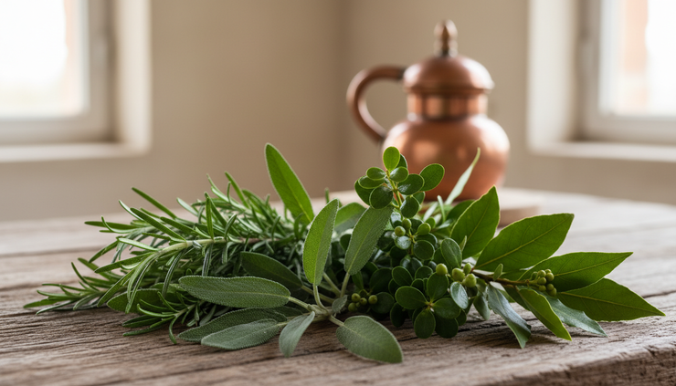 Close-up of freshly cut rosemary and sage branches arranged on a wooden table.