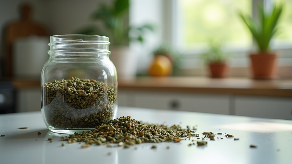 Eye-level view of herbal tea leaves in a glass jar on a kitchen counter