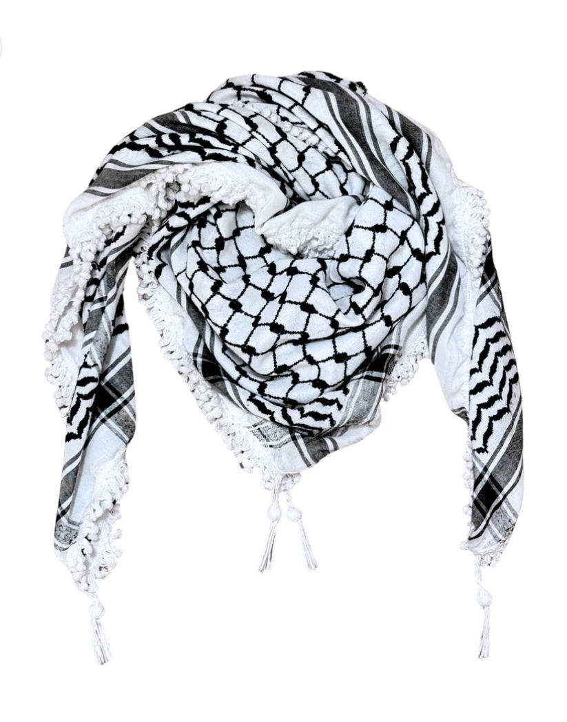 Black and white line art illustration of a traditional keffiyeh scarf featuring its iconic fishnet and woven pattern.