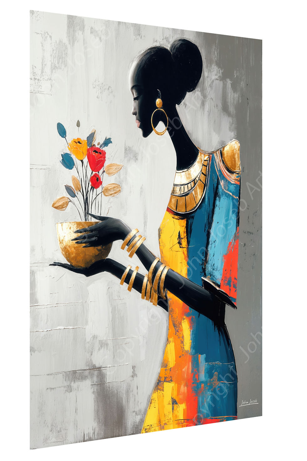 1206 - Schilderij donkere vrouw geeft bloemen, abstract, kleurrijk, kunst