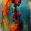 Thumbnail: 1193 - Schilderij donkere vrouw met kleurrijke jurk en sjaal, abstract, kunst