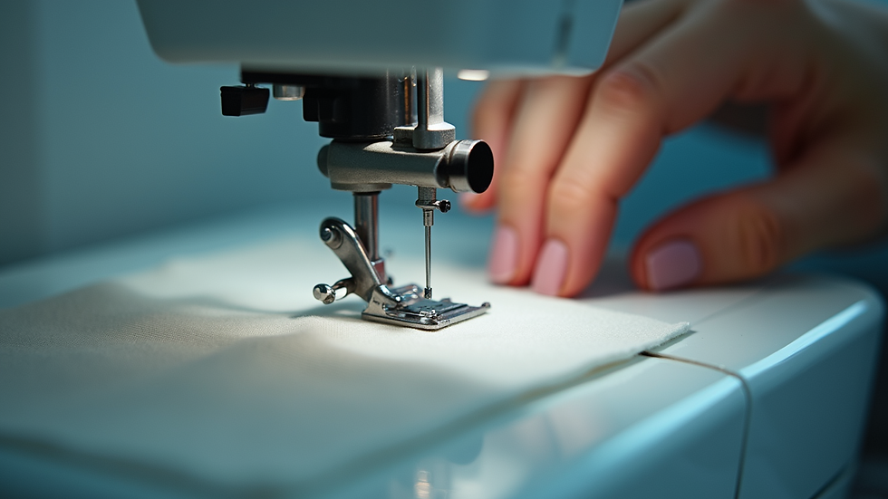 Eye-level view of sewing machine with fabric being stitched