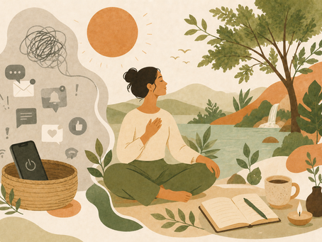Ilustração minimalista mostrando uma pessoa a desligar do telemóvel e a reconectar-se com a natureza, representando os benefícios de um detox digital para a saúde e o bem-estar.