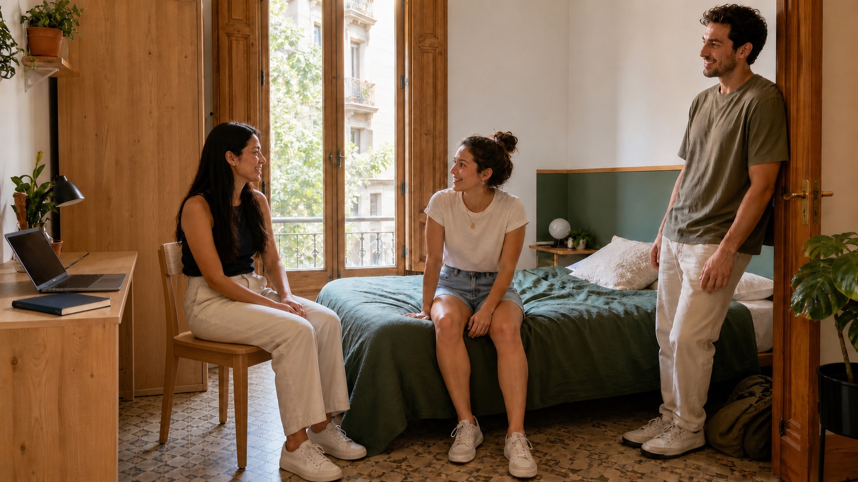 Estudante internacional conversando com colegas de moradia em seu quarto em Barcelona.