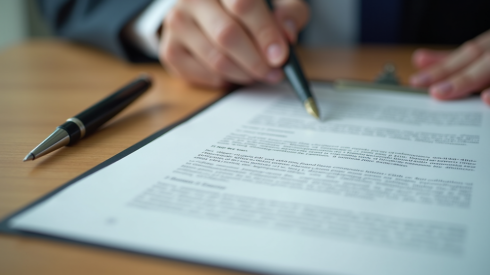 Close-up view of real estate contract and pen on a wooden table