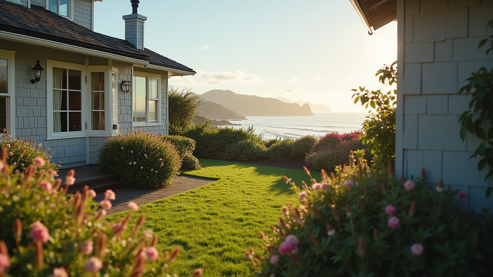 Eye-level view of a charming coastal home with a garden in Tillamook