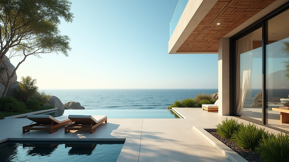 Eye-level view of a luxury coastal home with ocean in the background