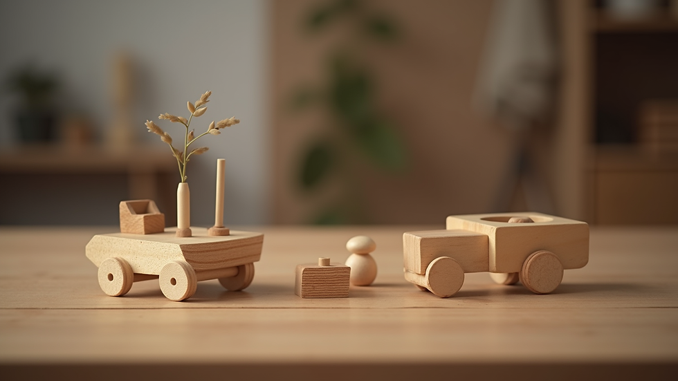 Nahaufnahme von handgefertigtem Holzspielzeug auf einem Holztisch