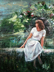Hand-painted oil portrait of Jessica Rockwell by a fountain painted in oil by her husband Gerry Chromoy
