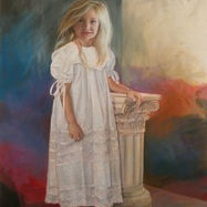 Oil Portrait varnishing on a portrait of a little girl in a white old-fashioned gown against an abstract background