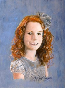 Handmade portrait painting of a young girl with curly red hair by realistic oil portrait painter Jessica Rockwell