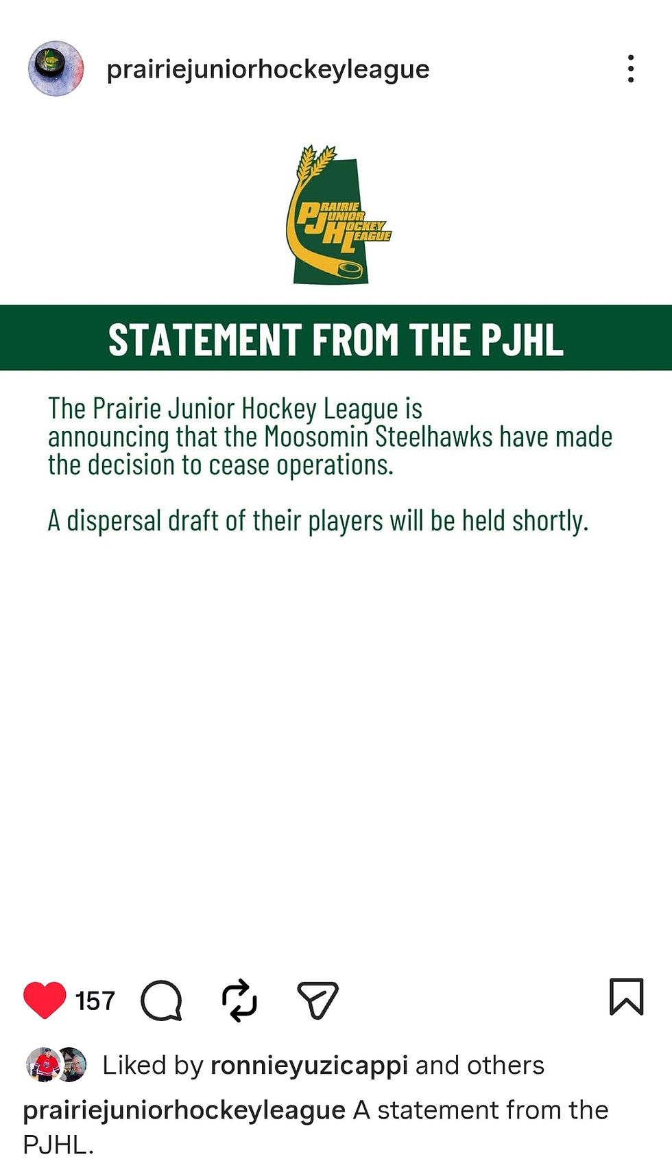 Prairie Junior Hockey League Instagram post