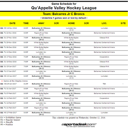 Broncs Jr. Hockey 2016-2017 QVJHL Regular Season Schedule has been released