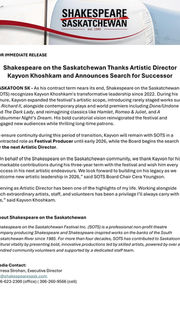 Shakespeare on the Saskatchewan Thanks Artistic Director Kayvon Khoshkam and Announces Search for Successor