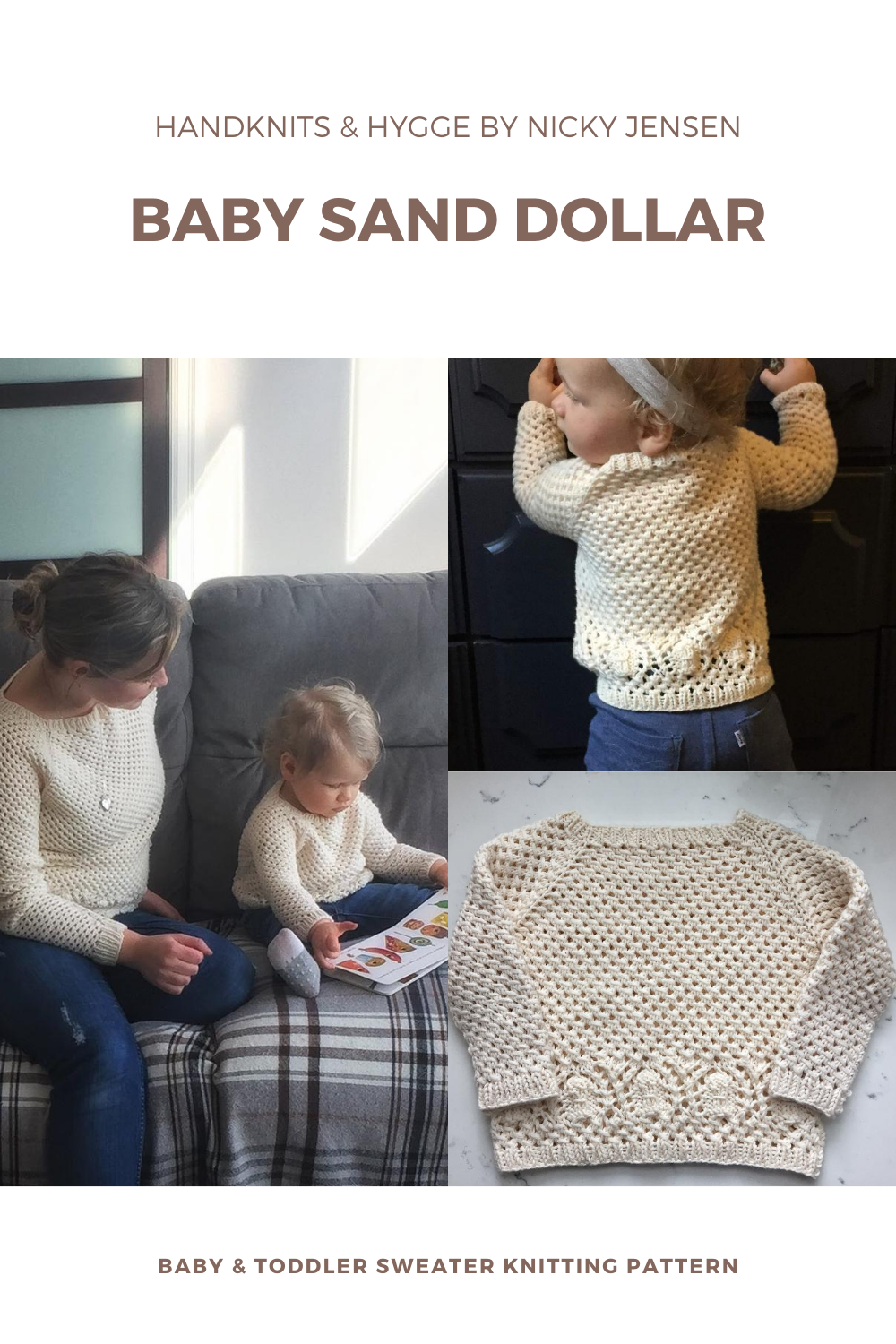 A blonde toddler models a cream mesh pullover with sand dollar lace motif across the hips