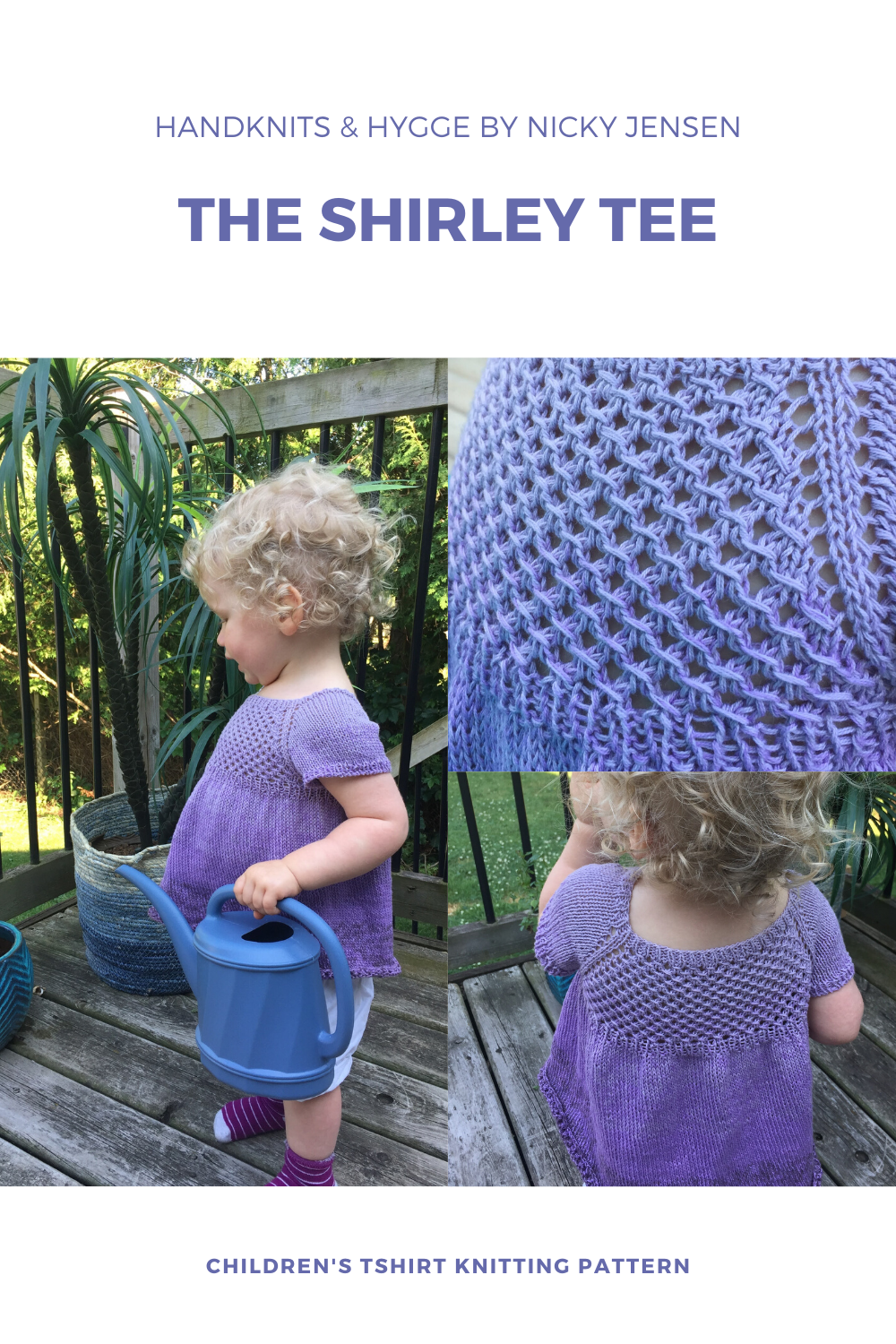 A blonde toddler in a garden wearing a lilac ombre handknit babydoll t-shirt with lace bodice.