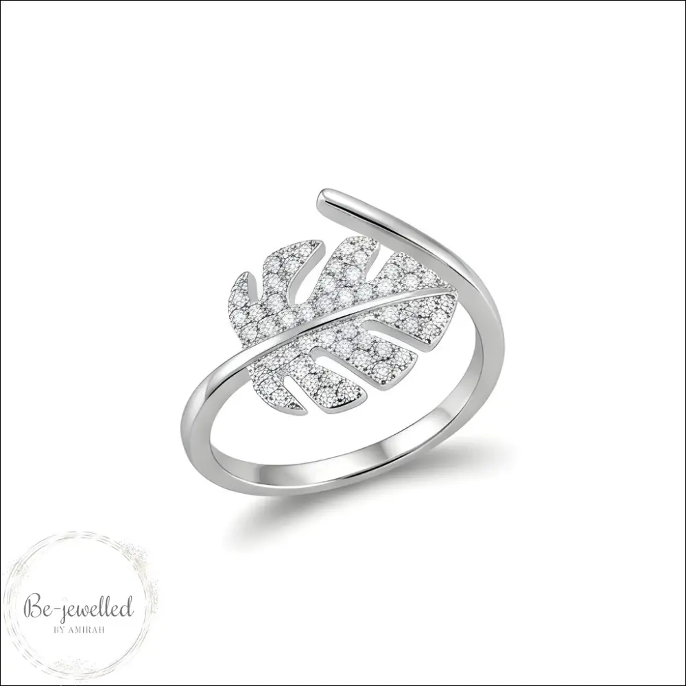 Silver crystal leaf adjustable ring in stainless steel