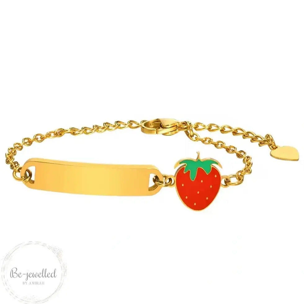 Thumbnail: Kids strawberry charm bracelet with engraved name plate