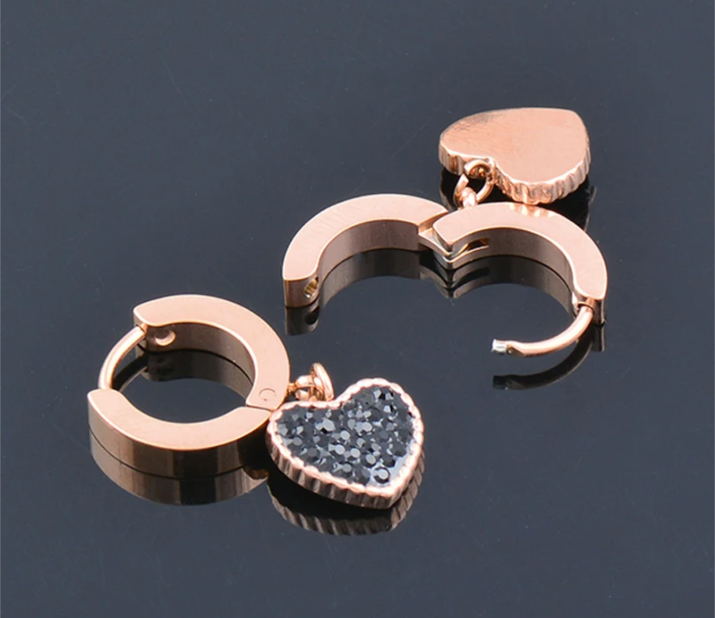 Black Heart Rose Gold Huggies Earring