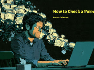 Man typing on a laptop as dark cartoon figures and papers swirl behind him; title reads How to Check a Porn Site, Banana Collection.
