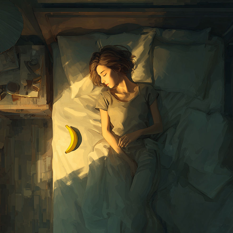 A woman sleeps in a bed, illuminated by warm light, with a yellow banana beside her.