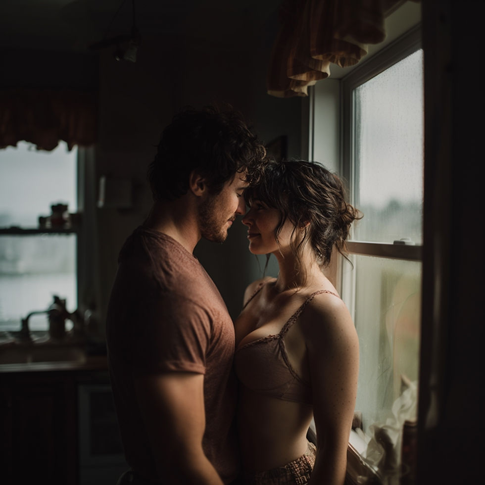 A couple stands closely, facing each other by a window in a dimly lit room. The mood is intimate, with soft light highlighting their features.