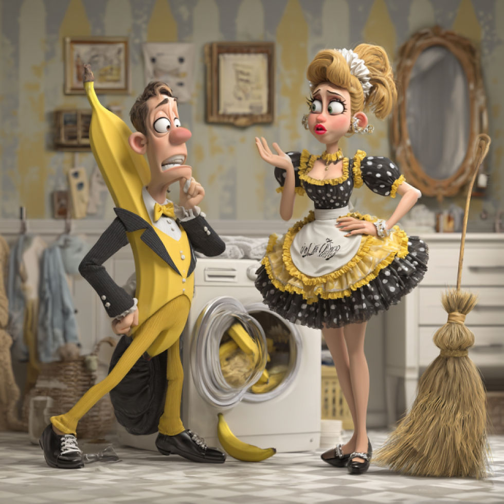 Man in banana costume and stepmother in funny