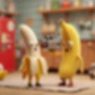 Two cartoon bananas, one peeled, in a kitchen. One holds a vintage camera. Both have surprised expressions. Bright, playful mood.