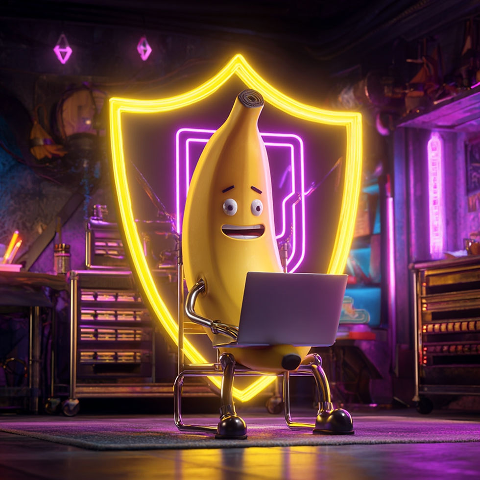 Smiling cartoon banana sits with a laptop in a neon-lit workshop, framed by a glowing yellow shield.