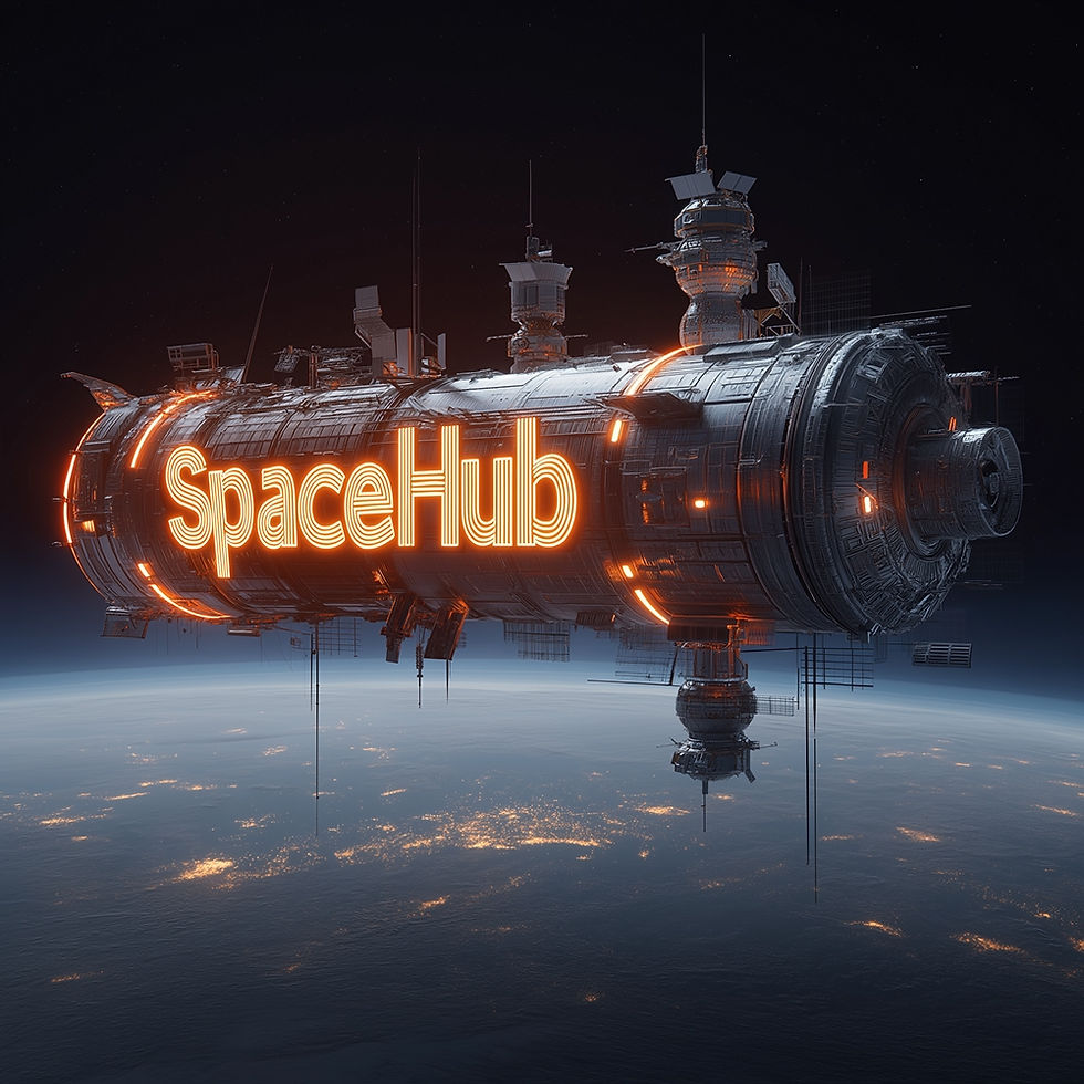 Futuristic space station labeled SpaceHub orbits Earth. Neon orange lights illuminate the structure against a starry space backdrop.