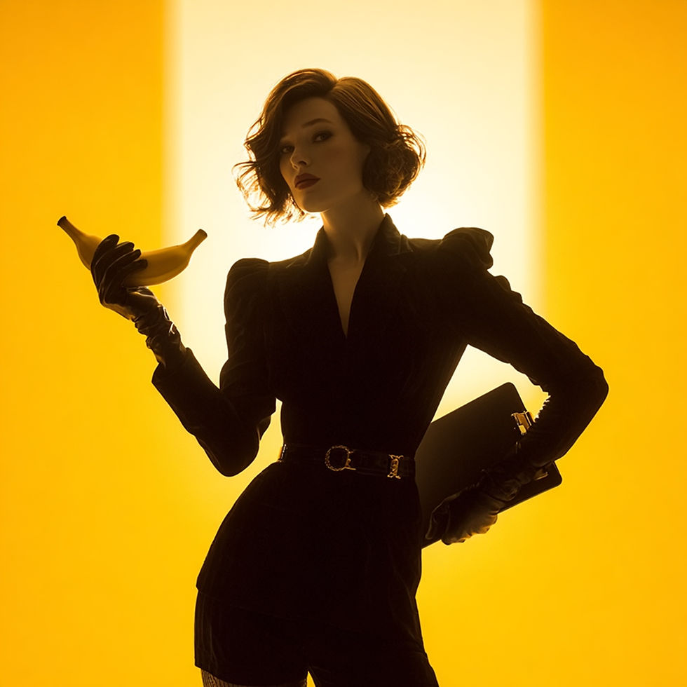 Backlit woman in a black dress and gloves holds a banana and clutch against a bright yellow background, posing confidently.