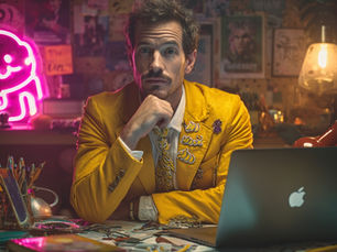 A blogger in a yellow, banana-colored outfit is sitting at a laptop.