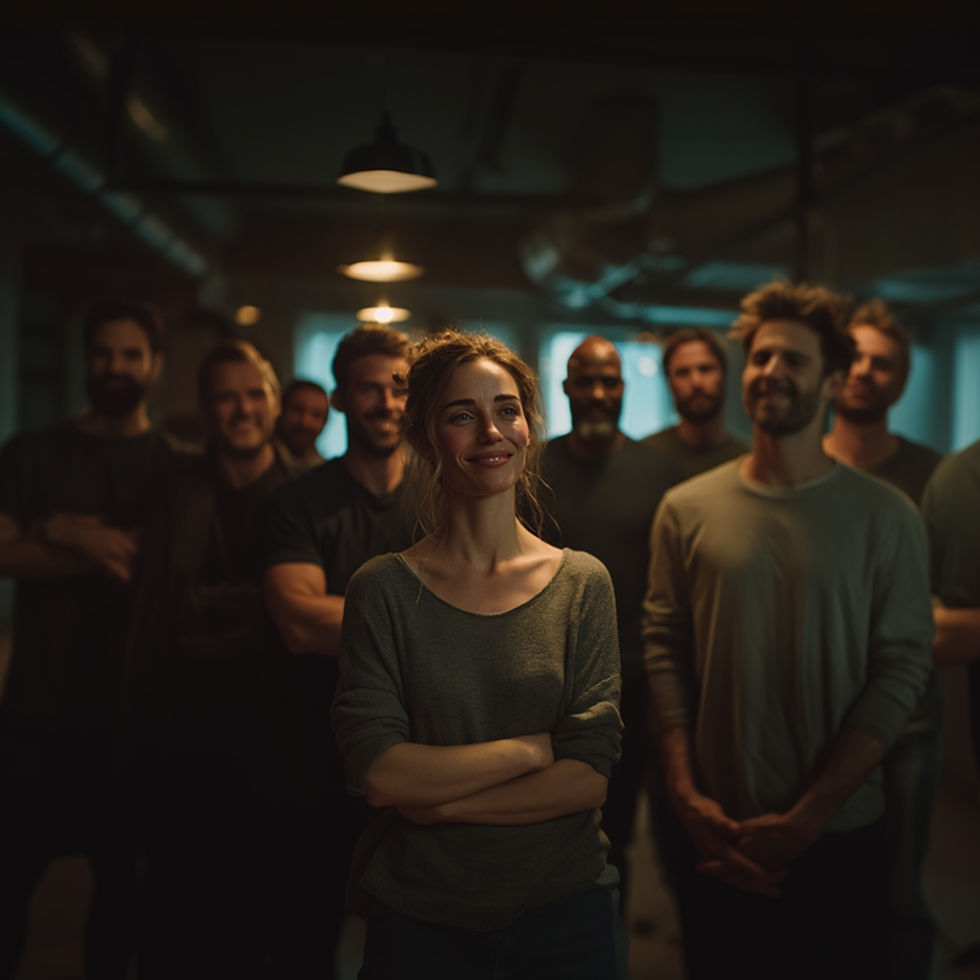 Group of people in casual clothes smiling in a dimly lit room. A woman stands confidently in front, arms crossed, with warm lighting highlighting her.