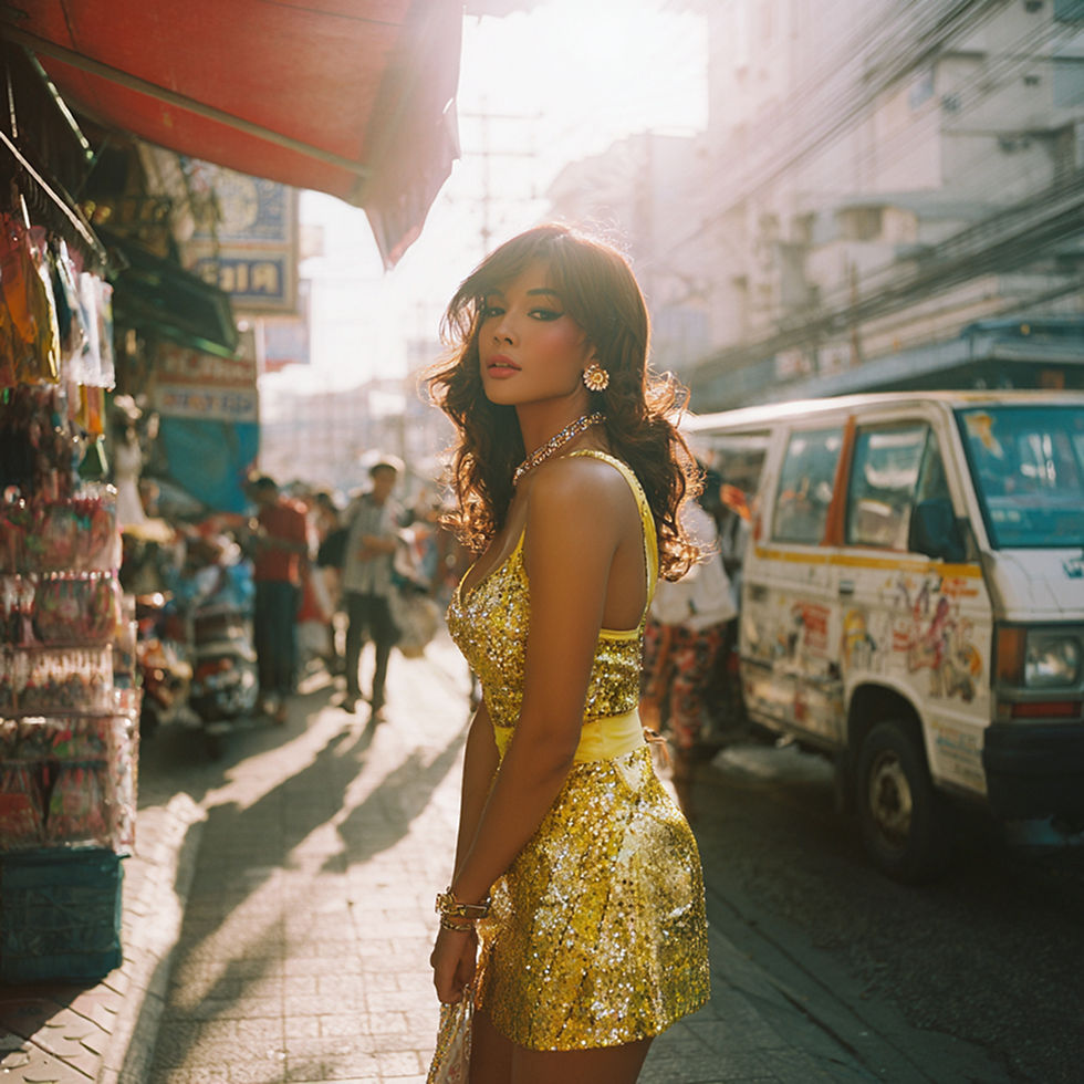 Ladyboy in a sparkling gold dress stands in a sunny market street, surrounded by shops.