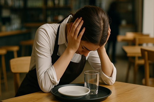 Woman in a restaurant feeling overwhelmed, illustrating workplace stress in service roles