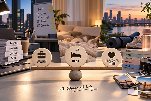 Balanced work, rest, and personal time shown across three lifestyle scenes