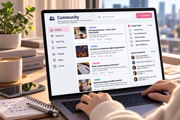 Online work community forum with discussions about schedules, interviews, and work tips