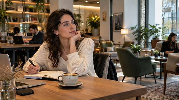 Woman reflecting on her preferred work environment in a modern cafe