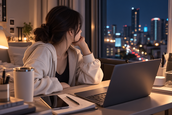 Woman looking out at city lights while working late at home
