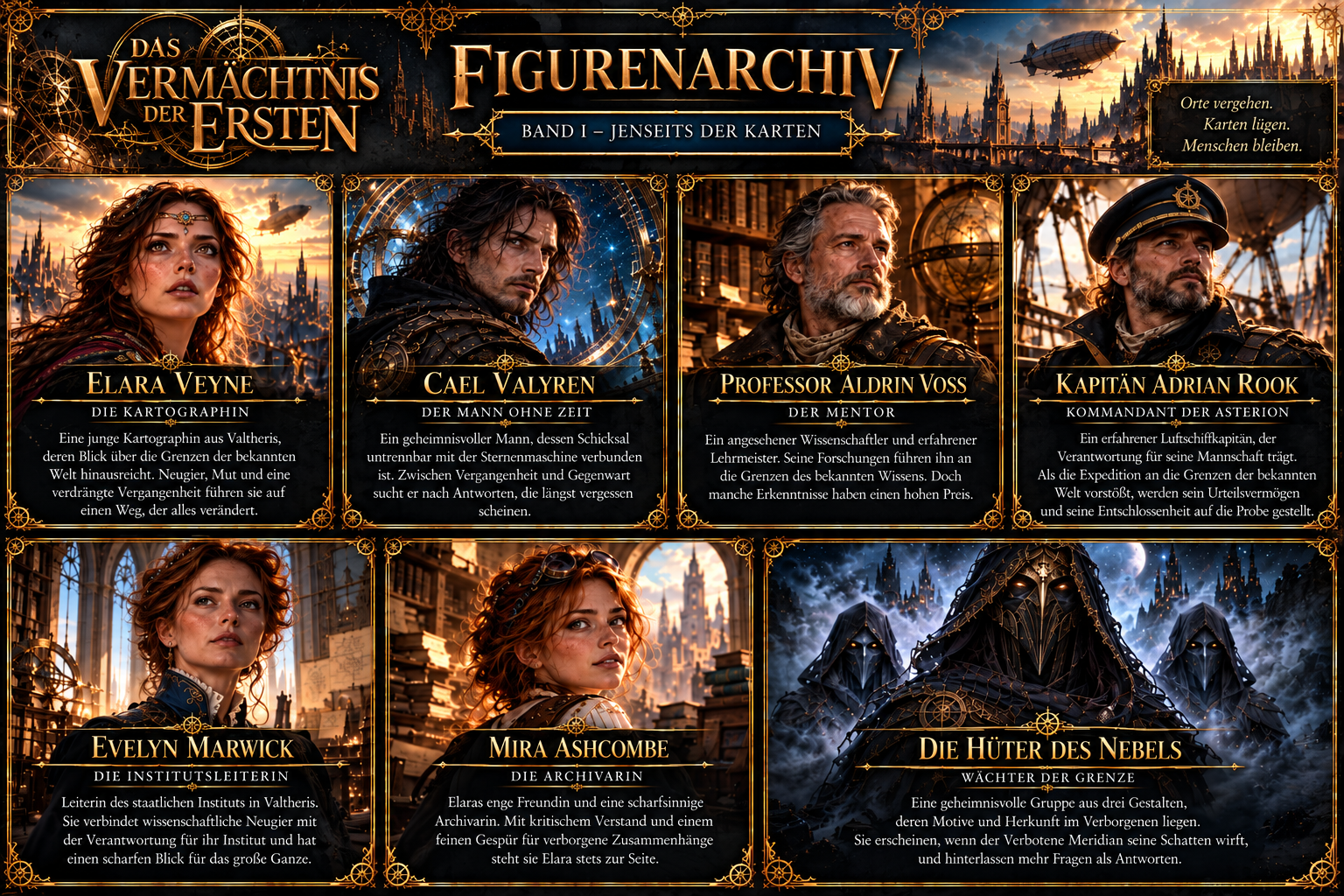 Figurenarchiv: Elara Veyne, Cael Valyren, Professor Aldrin Voss, Kapitän Adrian Rook, Evelyn Marwick, Mira Ashcombe und die Hüter des Nebels