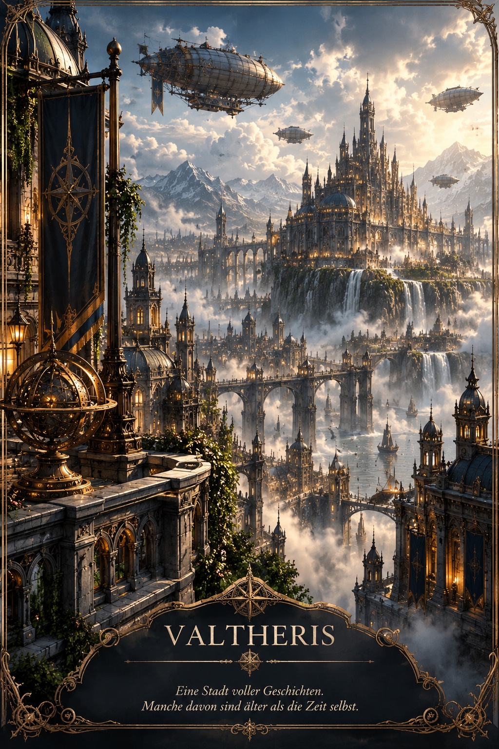 Valtheris: prachtvolle Steampunk-Hauptstadt mit Luftschiffen, Türmen und Wasserfällen; beschriftete Illustration
