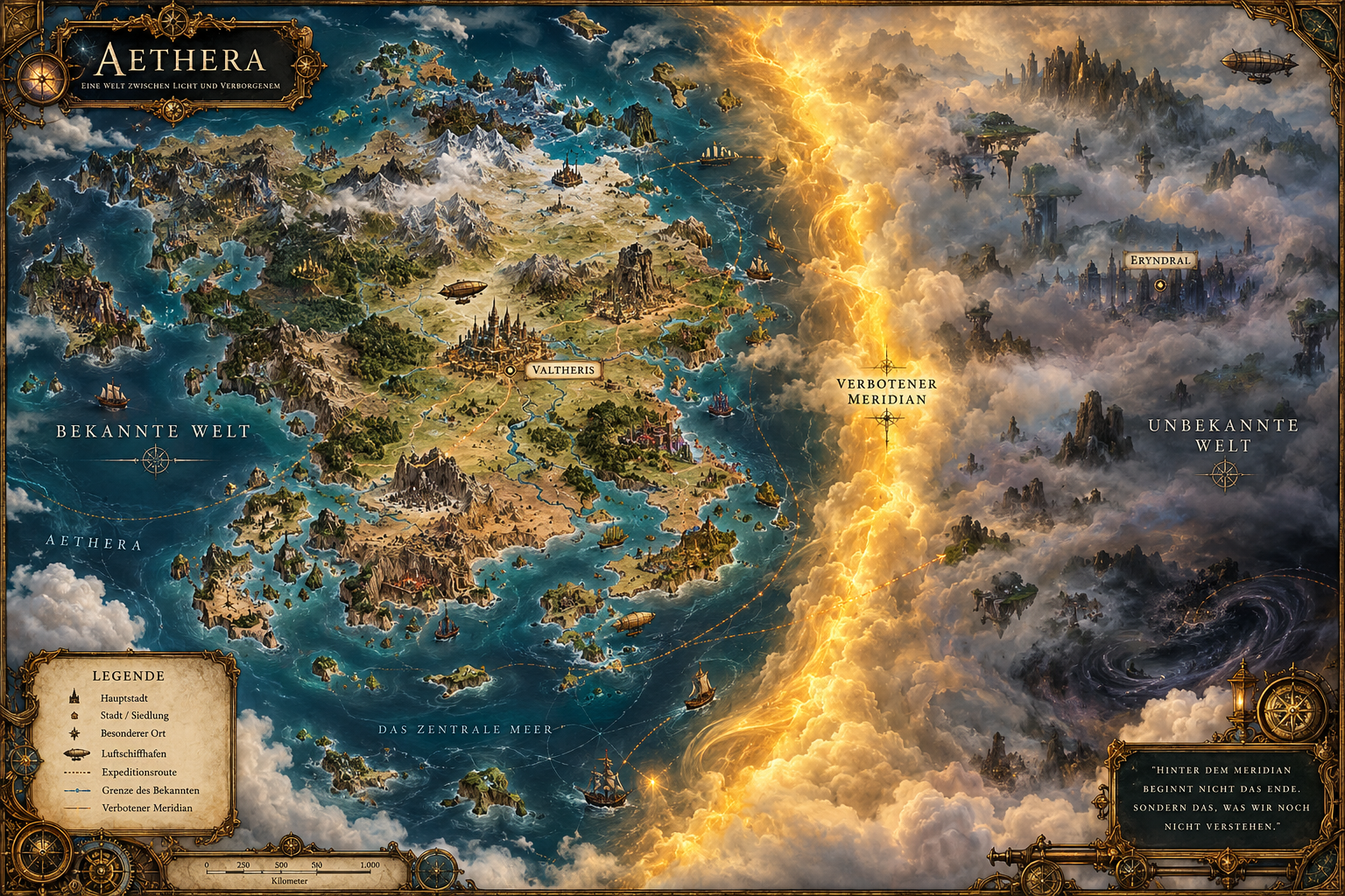 Aethera: bekannte Welt im Westen, goldener Verbotener Meridian und unbekannte Welt im Osten